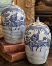 Stunning Blue White Chinoiserie Character Temple Ginger Jar Tea Caddy Pair 8”