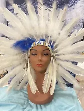 Real Feather Indian Headdress White Native Warbonnet Headband Handmade