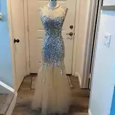 Nina Canacci Nude Rhinestone Mermaid Sheer Pageant Prom Evening Dress