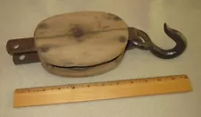 Antique Large Wooden Heavy Barn Pulley With Iron Hook