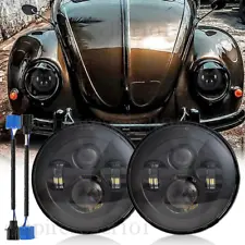 For VW Beetle 1967-1979 Black 7" Inch Round LED Headlights High Low Beam White