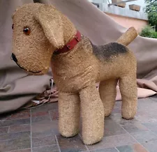 EARLY 1930's BURLAP AIREDALE TERRIER DOG GLASS EYES WOOD WOOL WITH SQUEAKER TAIL