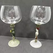 2 Wine Glasses Rhinestone Jeweled Eyes Parrot & Toucan Bronze Enamel Stem