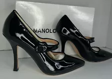 $845 NEW MANOLO BLAHNIK Campari Mary Jane Black Patent SHOES Size 36