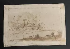 European Old Master Drawing of People Seated in Rural Landscape and House c1700