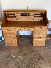 Vintage Unique American 57" Oak Crest S Curved Oak Roll Top Desk