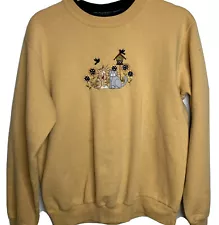 Top Stitch Vintage Sweatshirt Yellow Cats Fall Flowers Scene Medium Grandma USA