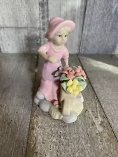 Ceramic Decoration Of Girl Pulling Flower Wagon.