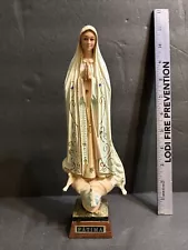 Vintage Religious Statue Ornate Our Lady of Fatima Made In Portugal Glass Eyes