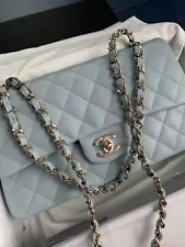 CHANEL Medium Classic Double Flap Bag Light Blue Caviar LGHW 22P New/receipt