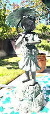 Lovely Vintage Bronze Girl with Umbrella Garden Fountain Statue