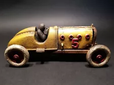 Antique Vintage Style Yellow Cast Iron #5 Toy Race Car w Lifting Hood