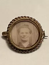 Antique Miniature Mourning Roped Gold-tone Brooch C Clasp Pin Faded Photo Woman