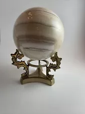 Sphere Cream/Beige/White Polished Stone Ball With Brass Stand