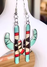 Boho Southwestern Red Teal Black Silver Geometric Saguaro Cactus Dangle Earrings