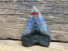 MEGALODON FOSSIL SHARK TOOTH w ORIGINAL COLOR SCRIMSHAW by HARBOUR of JAWS SCENE