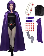 6PCS Raven Cosplay Costume Women'S Halloween Raven Cosplay with Cape Belt Jumpsu