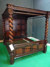 King Size 76"x80" Mahogany Wood Four poster canopy Tudor style mansion Bed