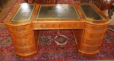 English Yew Wood Edwardian Style Leather Tooled Top Partners Desk