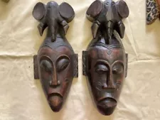 Vintage Wooden Carved Wall Mask Hanging Indonesian Set of 2