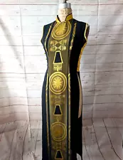 Vietnamese Sleeveless Chic Black Gold Ao Dai Silk Dress Tunic Womens Size Large