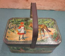 Antique Little Red Riding Hood tin litho with handle France box basket pail