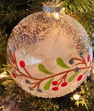 Gorgeous Painted Glass Holly & Berry Ball Crystal Christmas Ornament NWT $20