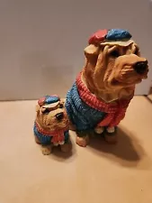 Shar Pei Dog Figurines Sweater Hat Scarf Set of 2 Resin