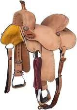 14 Inch Western Roughout Leather Barrel Saddle - Turquoise Buckstitched