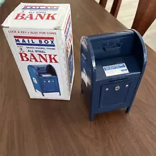 NEW US Mail Blue All Steel Mailbox Piggy Bank Coin Holder , With Key And Box