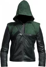 Men's Genuine Leather Hooded Jacket Costume Green Arrow Stephen Amell