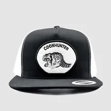 Coonhunter Hunting Trucker Hat, Racoon Southern Hunter Patch, Black Yupoong 6006