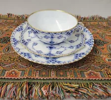 Royal Copenhagen Blue White Fluted Full Lace Tea Cup & Saucer & Plate 1920s