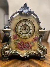 ANSONIA Royal Bonn Germany Porcelain Mantle clock w/ Key - Works & Chimes