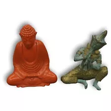 Lot Of 2 Bronze Musician And Orange Thai Meditating Buddha Statue Figurine