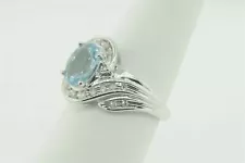 Estate Sale Blue Topaz Cocktail Ring 10k White Gold Diamond 0.18 TCW Size 7