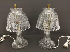 vtg Cut Crystal Glass Floral Boudoir Bedroom Table Lamp 10" Set of 2 Matching