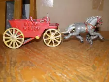 KENTON CAST IRON 2-HORSE DRAWN RED DUMP WAGON GOOD PIECE TAKE A LOOK