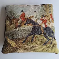 Vtg Horse Equestrian Fox Hunting Bird Dog Needle Point Throw Pillow