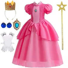 Princess Peach Costume Kids Girls Halloween Christmas Cosplay Party Dress Up