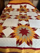 Incredible Handmade Quilt Red And Cheddar Blazing Stars Queen