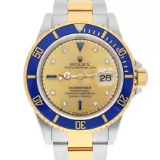 Rolex Submariner 18k Yellow Gold/Steel Serti Gold Diamond Dial Mens Watch 16613