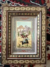 VTG Persian Hunting Scene Oil Painting Bone, Khatam Inlay Marquetry Wood frm