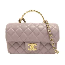 CHANEL Quilted CC GHW Mini Flap with Top Handle 2 Way Bag AS4924 Lambskin Purple