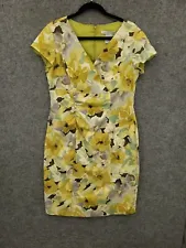 Madison Leigh Midi Pencil Dress Womens 14 Short Sleeve V-Neck Yellow Floral