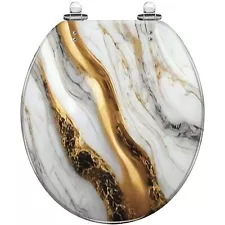 Round Toilet Seat Abstract luxury marble art marbling texture Gold white colo...