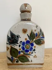 Vintage Stoneware Hand Painted Mexican Pottery Tonala Bottle Decanter Folk Art