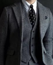 Men Three Piece Wool Grey Herringbone Suit