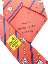 RARE Hermes for RadoSwiss Open Gstaad Tomato Stripe Emblematic Silk Tie 981 SA