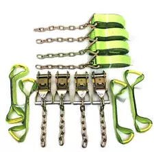 8 POINT TIE DOWN Kit Hi-VIZ Green Straps w/chain ends Rollback Flatbed Tow Truck